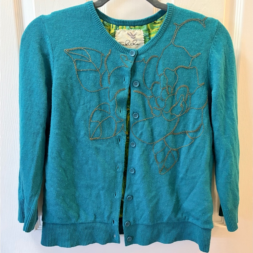 Anthropologie Teal Cashmere Button-Up Sweater Cardigan w/ Chain Detail Small